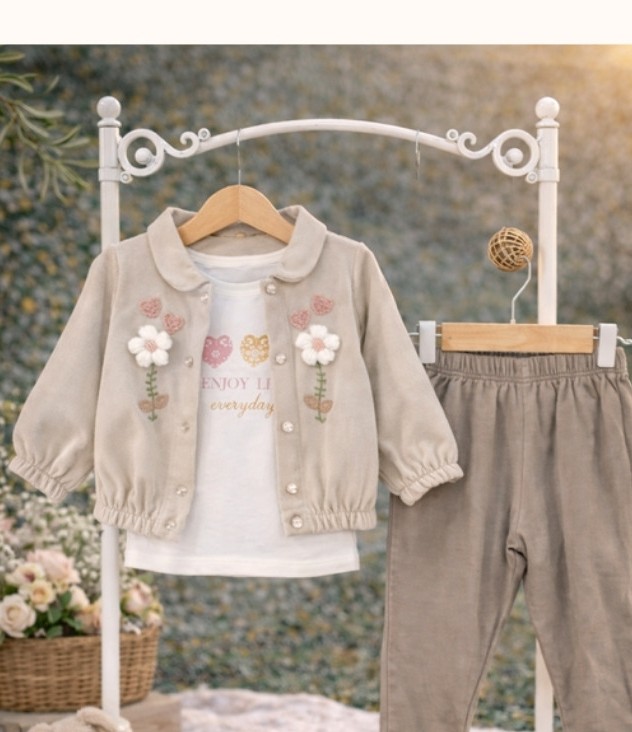 Sweet Meadow 3-Piece Baby Outfit Set - Beige